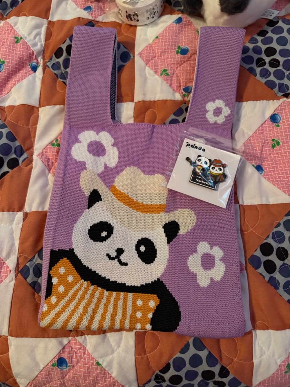 Panda Fest 2026 Nashville Pin Cute Panda Knit Tote Bag - Lavender